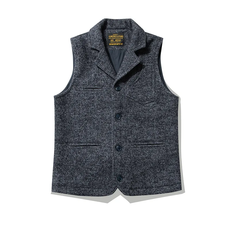 Good Quality Winter Fashion Men's Retro British Tweed Wool Vest Thick Double-Layer Multi-Pocket Suit-Collar Vest Warmth Top Male