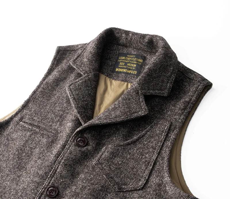 Good Quality Winter Fashion Men's Retro British Tweed Wool Vest Thick Double-Layer Multi-Pocket Suit-Collar Vest Warmth Top Male