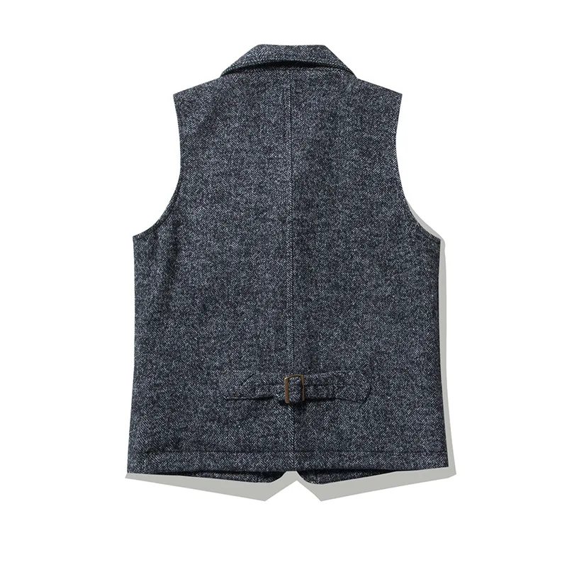 Good Quality Winter Fashion Men's Retro British Tweed Wool Vest Thick Double-Layer Multi-Pocket Suit-Collar Vest Warmth Top Male