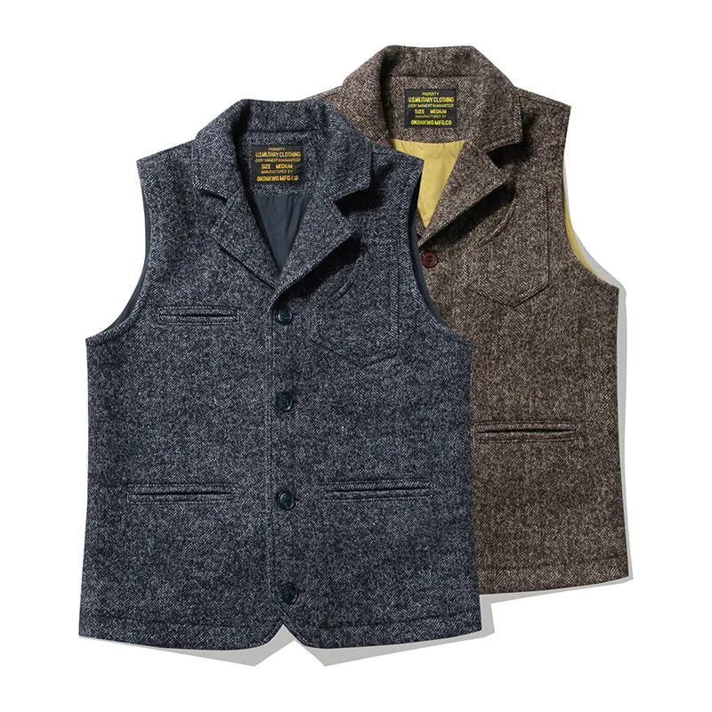 Good Quality Winter Fashion Men's Retro British Tweed Wool Vest Thick Double-Layer Multi-Pocket Suit-Collar Vest Warmth Top Male