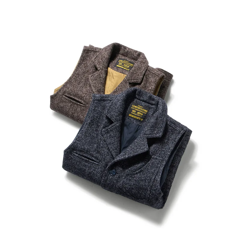Good Quality Winter Fashion Men's Retro British Tweed Wool Vest Thick Double-Layer Multi-Pocket Suit-Collar Vest Warmth Top Male