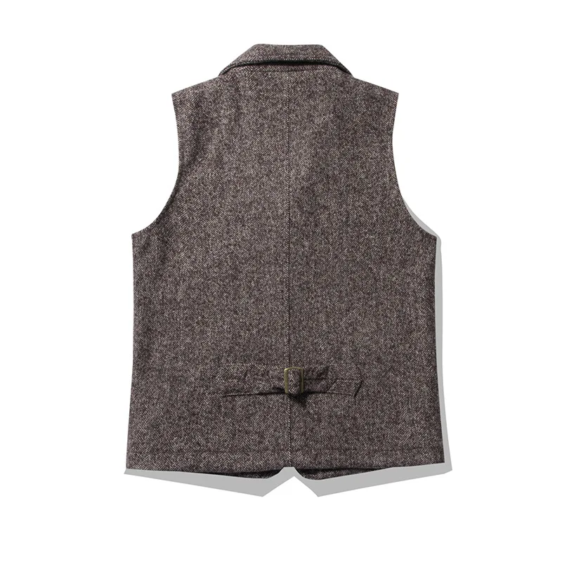 Good Quality Winter Fashion Men's Retro British Tweed Wool Vest Thick Double-Layer Multi-Pocket Suit-Collar Vest Warmth Top Male