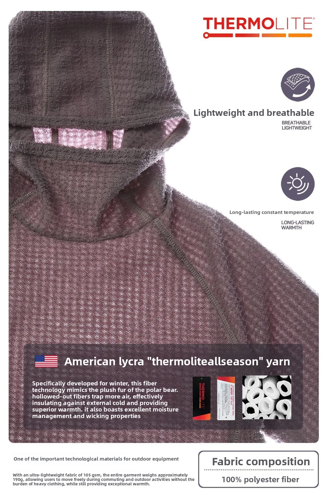Thermolite Lightweight Constant Temperature Warmth Fleece Hooded Sweatshirt with Air Fleece Pullover Cycling Running Sport Hat