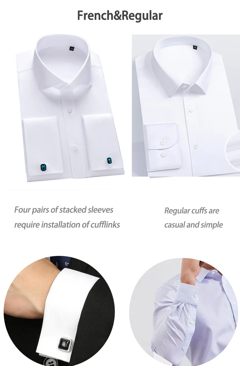 High-end 200 4-Strand Yarn 100% Cotton Men's French Cufflink Shirt One-Length Collar DP Ready-to-Wear No-Iron White