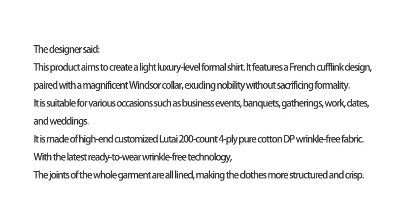 High-end 200 4-Strand Yarn 100% Cotton Men's French Cufflink Shirt One-Length Collar DP Ready-to-Wear No-Iron White