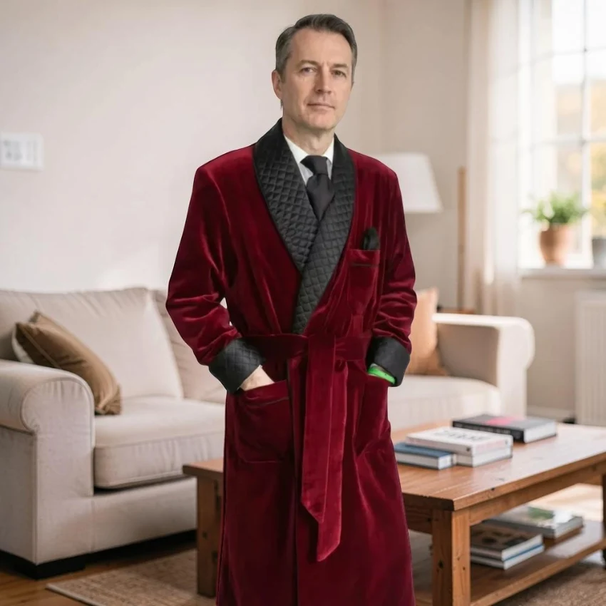 Long Velvet Smoking Jacket with Belt 1 Piece Shawl Lapel Wedding Groom Coat Men Fashion Blazer Single One Coat (S-5XL)