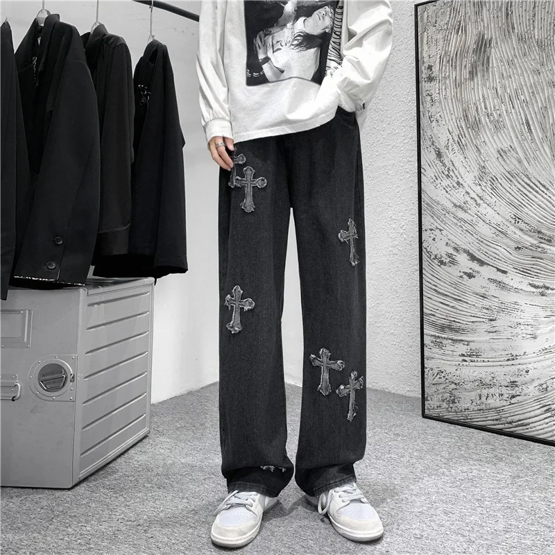 Men Cross Print Jeans Autumn Winter Harajuku Loose Wide Leg Denim Pants Student Hip Hop Straight Casual Daily Fashion Trousers