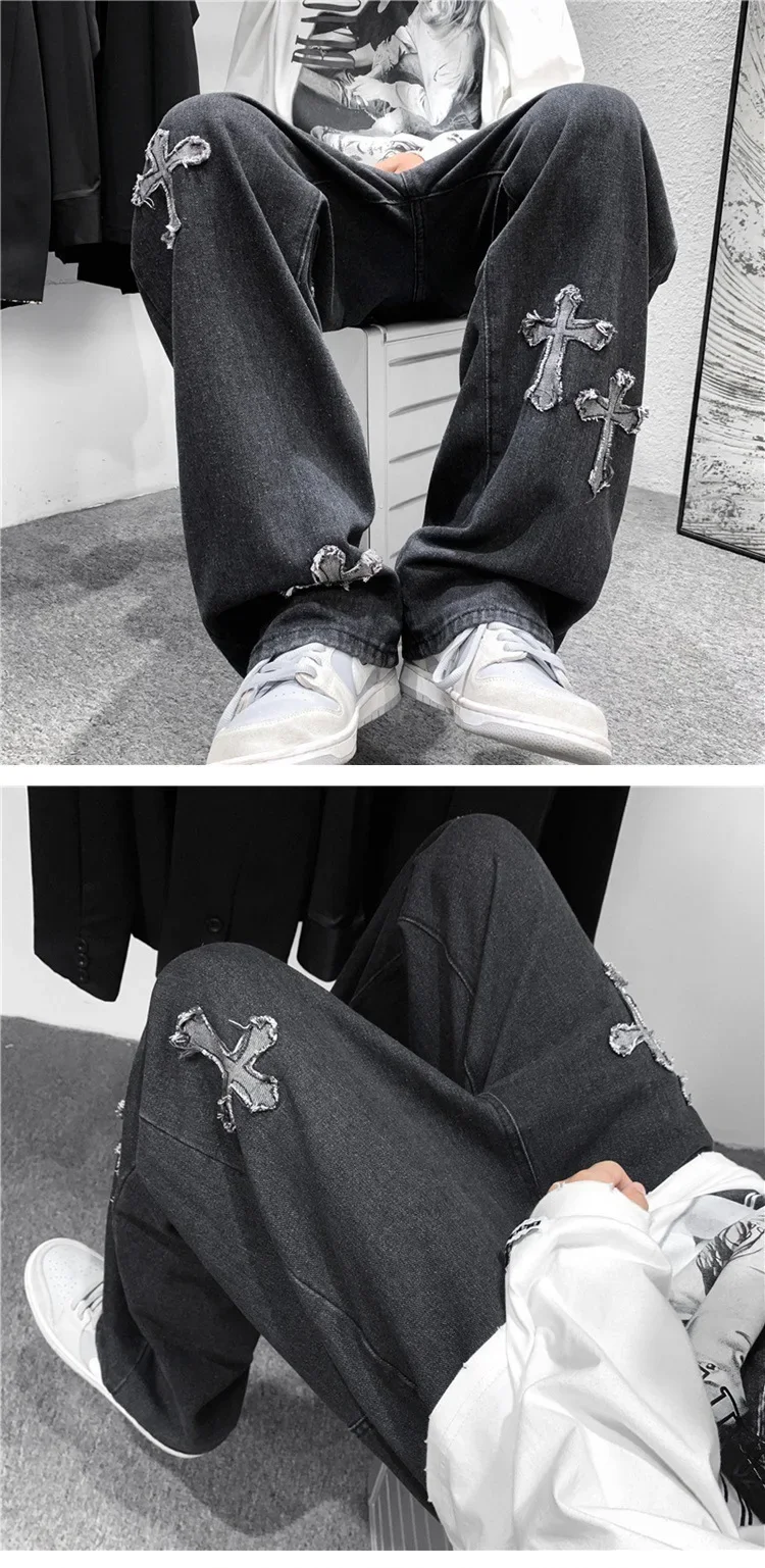 Men Cross Print Jeans Autumn Winter Harajuku Loose Wide Leg Denim Pants Student Hip Hop Straight Casual Daily Fashion Trousers