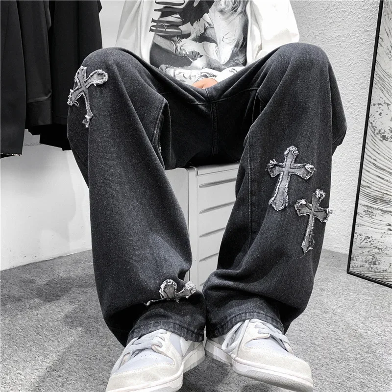 Men Cross Print Jeans Autumn Winter Harajuku Loose Wide Leg Denim Pants Student Hip Hop Straight Casual Daily Fashion Trousers