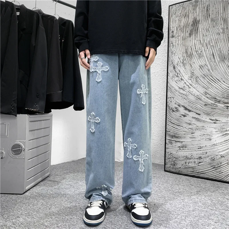 Men Cross Print Jeans Autumn Winter Harajuku Loose Wide Leg Denim Pants Student Hip Hop Straight Casual Daily Fashion Trousers