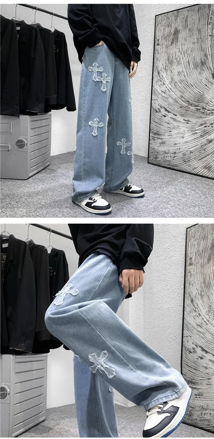 Men Cross Print Jeans Autumn Winter Harajuku Loose Wide Leg Denim Pants Student Hip Hop Straight Casual Daily Fashion Trousers