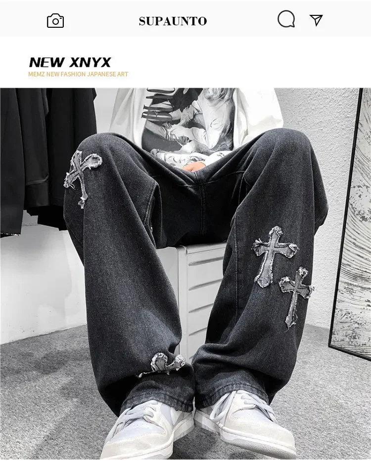 Men Cross Print Jeans Autumn Winter Harajuku Loose Wide Leg Denim Pants Student Hip Hop Straight Casual Daily Fashion Trousers