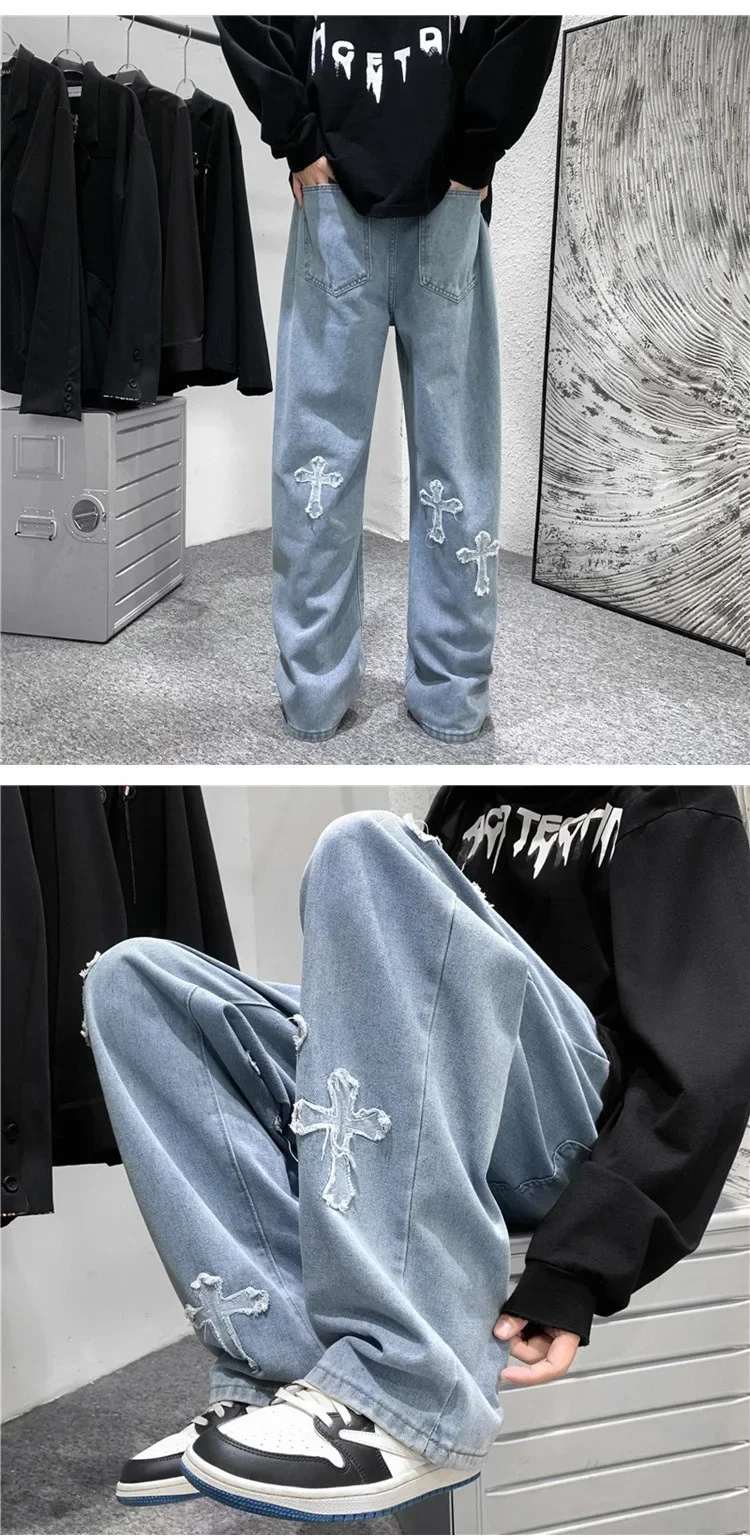 Men Cross Print Jeans Autumn Winter Harajuku Loose Wide Leg Denim Pants Student Hip Hop Straight Casual Daily Fashion Trousers