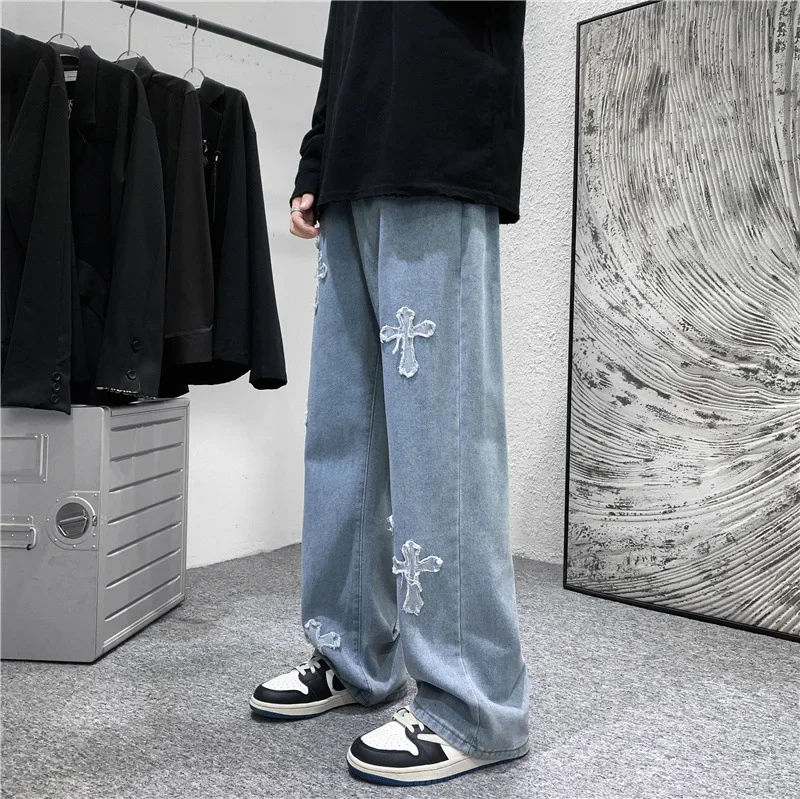 Men Cross Print Jeans Autumn Winter Harajuku Loose Wide Leg Denim Pants Student Hip Hop Straight Casual Daily Fashion Trousers