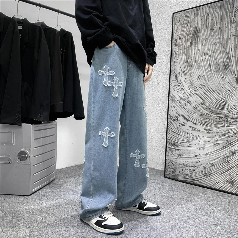 Men Cross Print Jeans Autumn Winter Harajuku Loose Wide Leg Denim Pants Student Hip Hop Straight Casual Daily Fashion Trousers