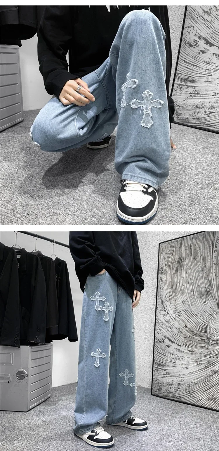 Men Cross Print Jeans Autumn Winter Harajuku Loose Wide Leg Denim Pants Student Hip Hop Straight Casual Daily Fashion Trousers