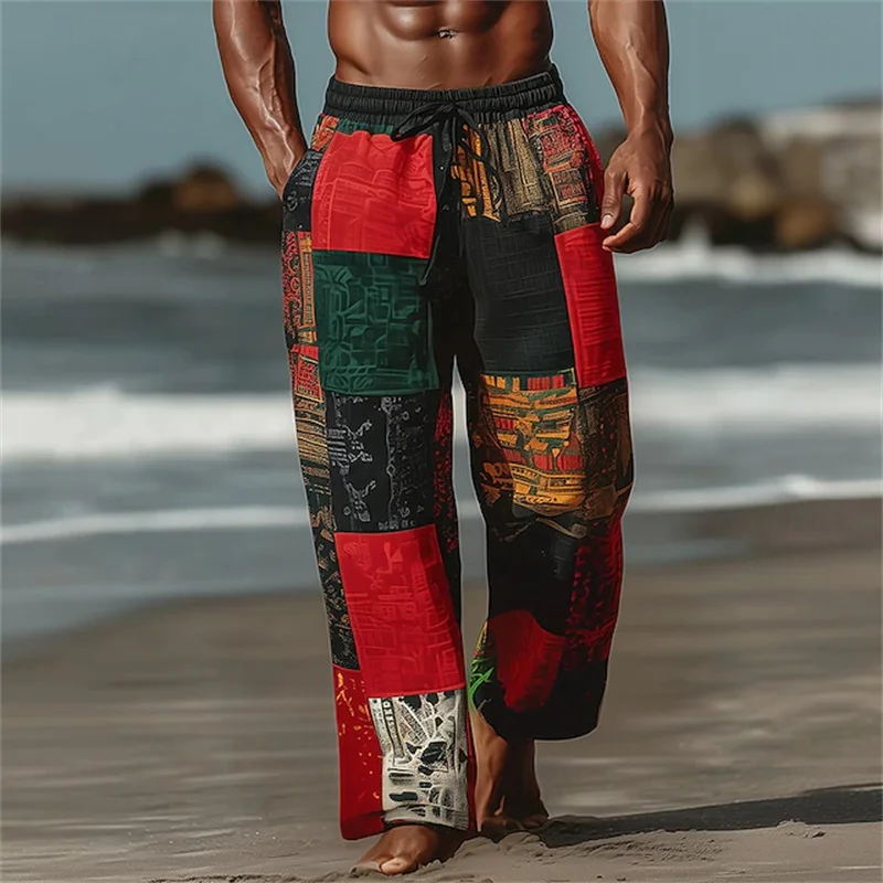 New men's loose fit casual pants with 3D printed geometric patterns, fashionable and comfortable wide leg pants