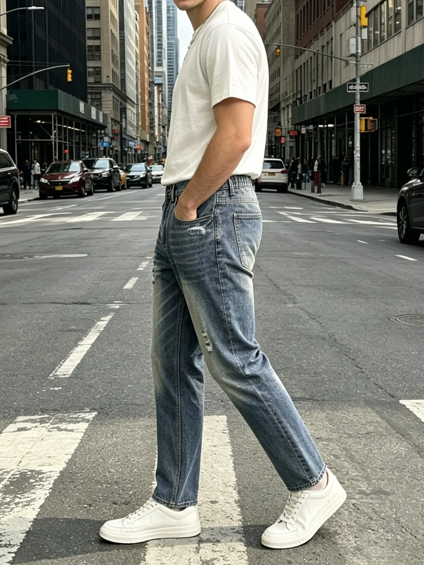 【HME】Men's Jeans | Straight‑Leg Denim Pants With Back Elastic Waist, Men Distressed Ripped Denim Jeans, Vintage Washed Patch Denim Trousers, Classic Five‑Pocket Structure, Comfort Fit Casual Denim Bottoms For Men Street Daily Look