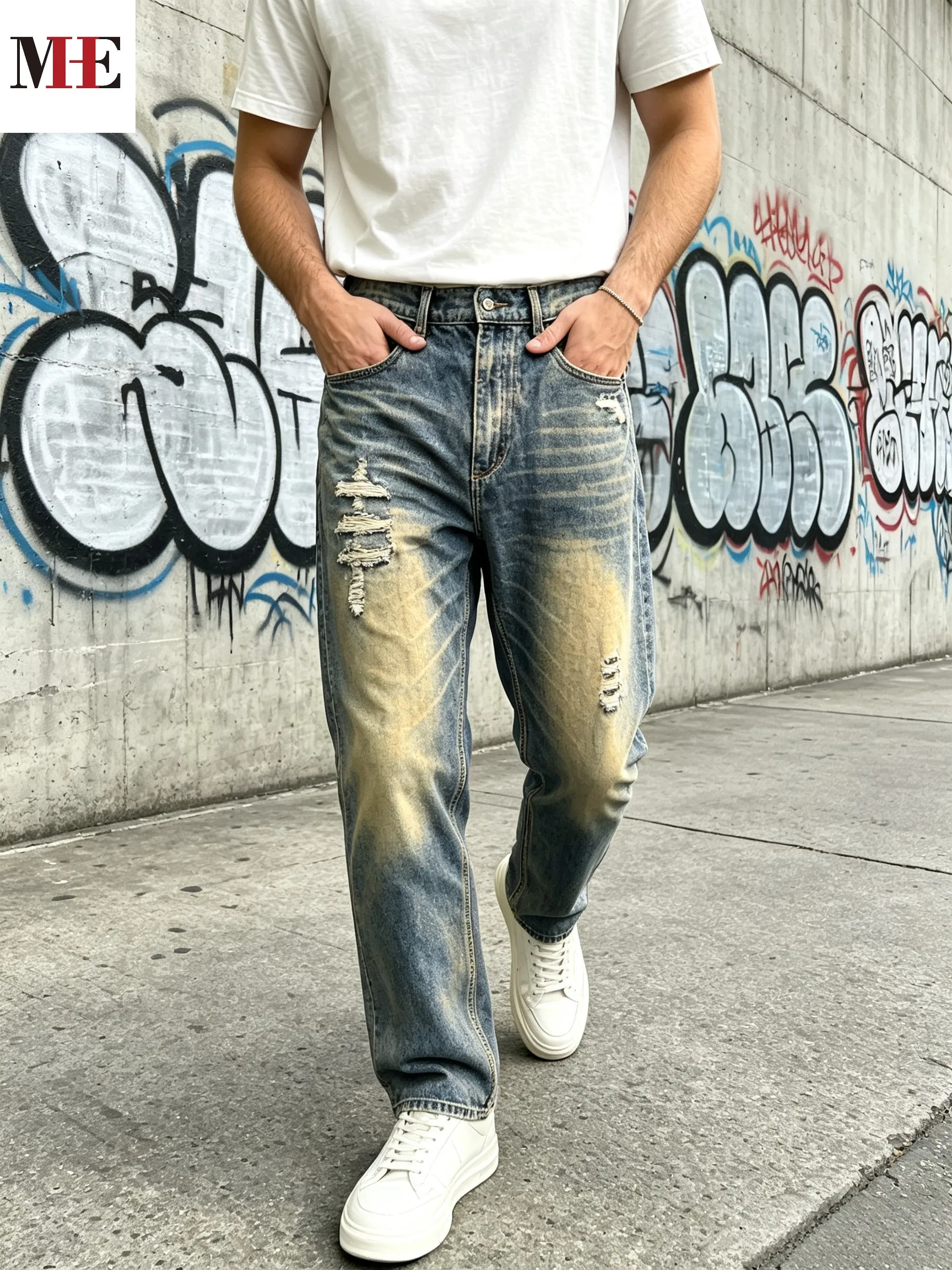 【HME】Men's Jeans | Straight‑Leg Denim Pants With Back Elastic Waist, Men Distressed Ripped Denim Jeans, Vintage Washed Patch Denim Trousers, Classic Five‑Pocket Structure, Comfort Fit Casual Denim Bottoms For Men Street Daily Look