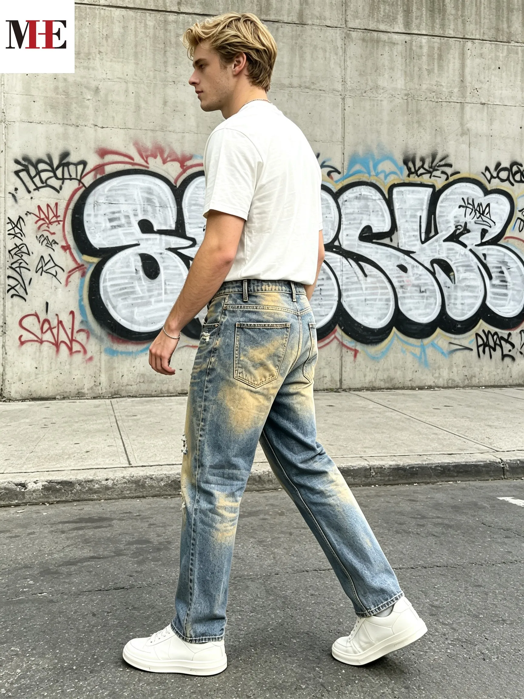 【HME】Men's Jeans | Straight‑Leg Denim Pants With Back Elastic Waist, Men Distressed Ripped Denim Jeans, Vintage Washed Patch Denim Trousers, Classic Five‑Pocket Structure, Comfort Fit Casual Denim Bottoms For Men Street Daily Look