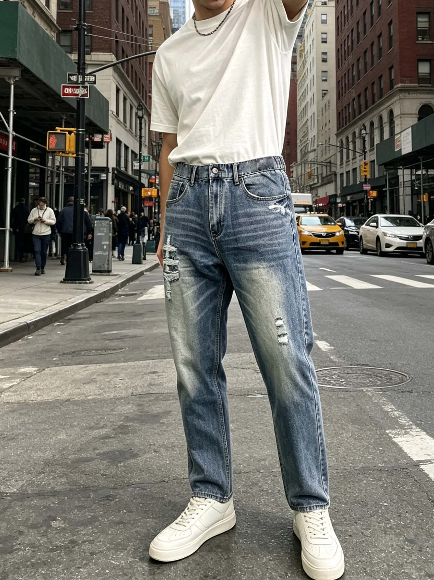 【HME】Men's Jeans | Straight‑Leg Denim Pants With Back Elastic Waist, Men Distressed Ripped Denim Jeans, Vintage Washed Patch Denim Trousers, Classic Five‑Pocket Structure, Comfort Fit Casual Denim Bottoms For Men Street Daily Look