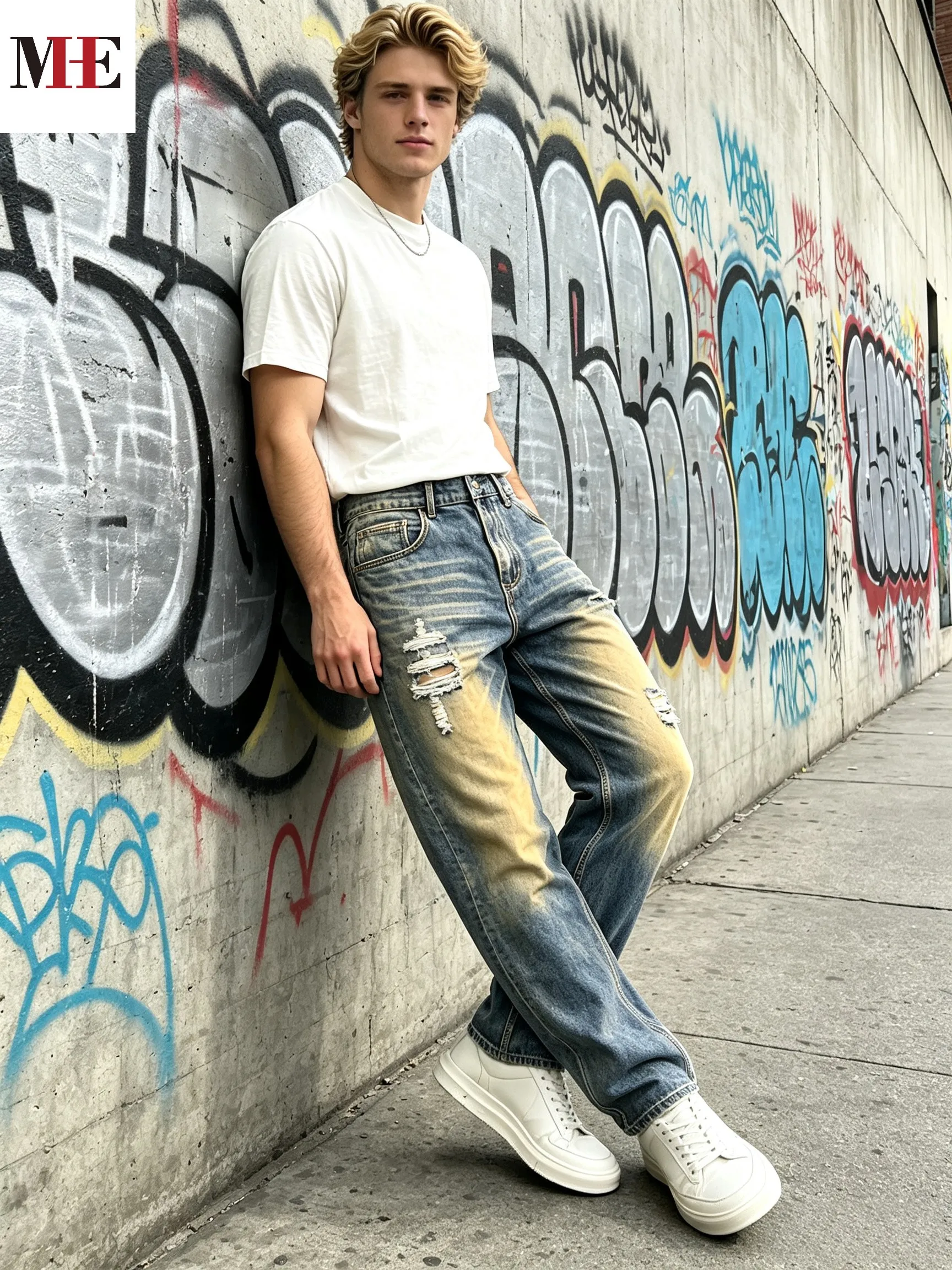 【HME】Men's Jeans | Straight‑Leg Denim Pants With Back Elastic Waist, Men Distressed Ripped Denim Jeans, Vintage Washed Patch Denim Trousers, Classic Five‑Pocket Structure, Comfort Fit Casual Denim Bottoms For Men Street Daily Look