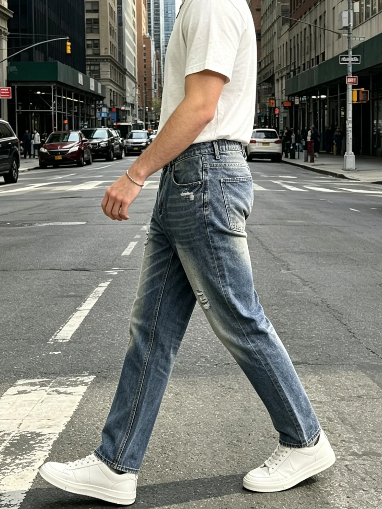 【HME】Men's Jeans | Straight‑Leg Denim Pants With Back Elastic Waist, Men Distressed Ripped Denim Jeans, Vintage Washed Patch Denim Trousers, Classic Five‑Pocket Structure, Comfort Fit Casual Denim Bottoms For Men Street Daily Look