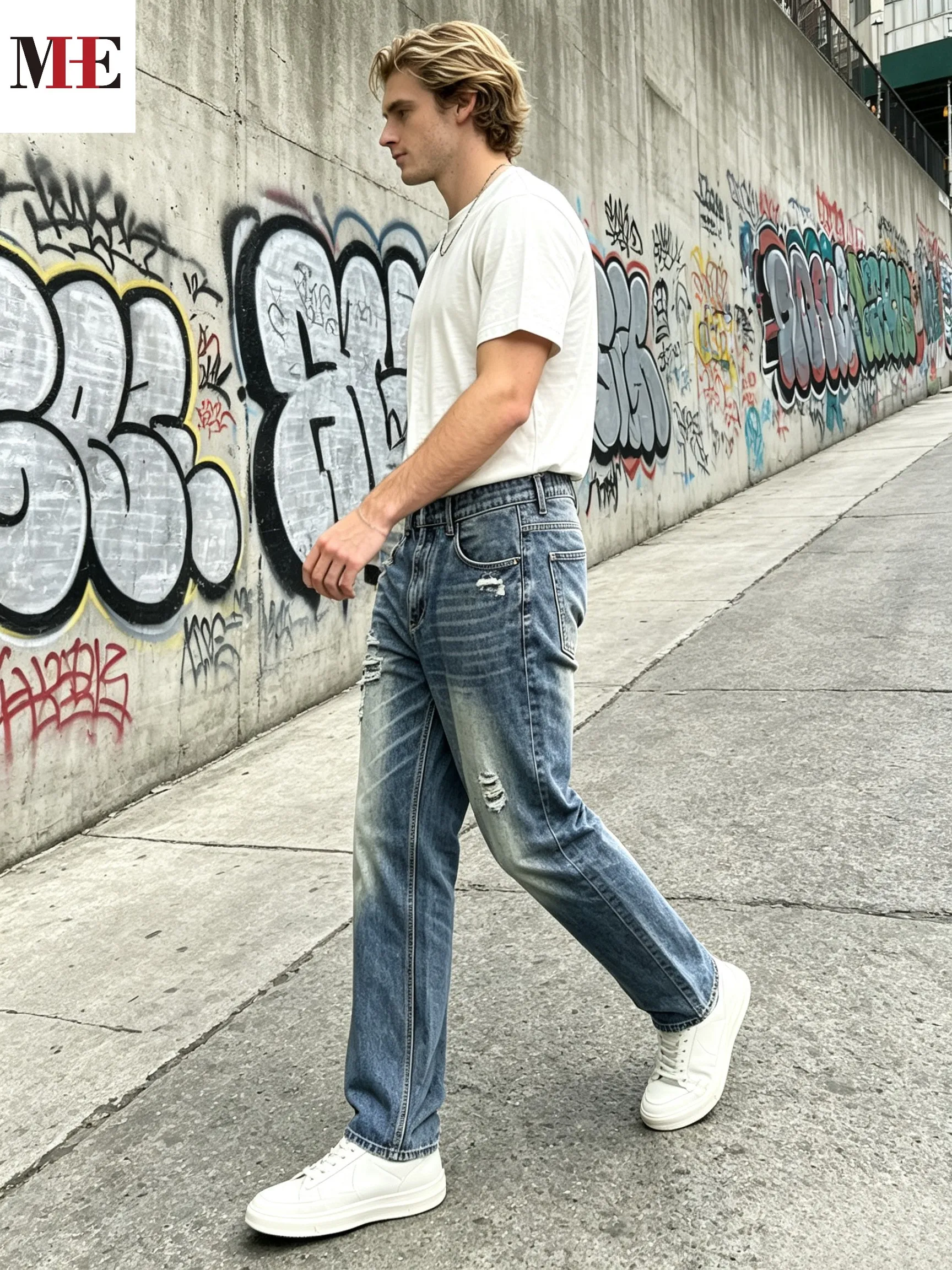 【HME】Men's Jeans | Straight‑Leg Denim Pants With Back Elastic Waist, Men Distressed Ripped Denim Jeans, Vintage Washed Patch Denim Trousers, Classic Five‑Pocket Structure, Comfort Fit Casual Denim Bottoms For Men Street Daily Look