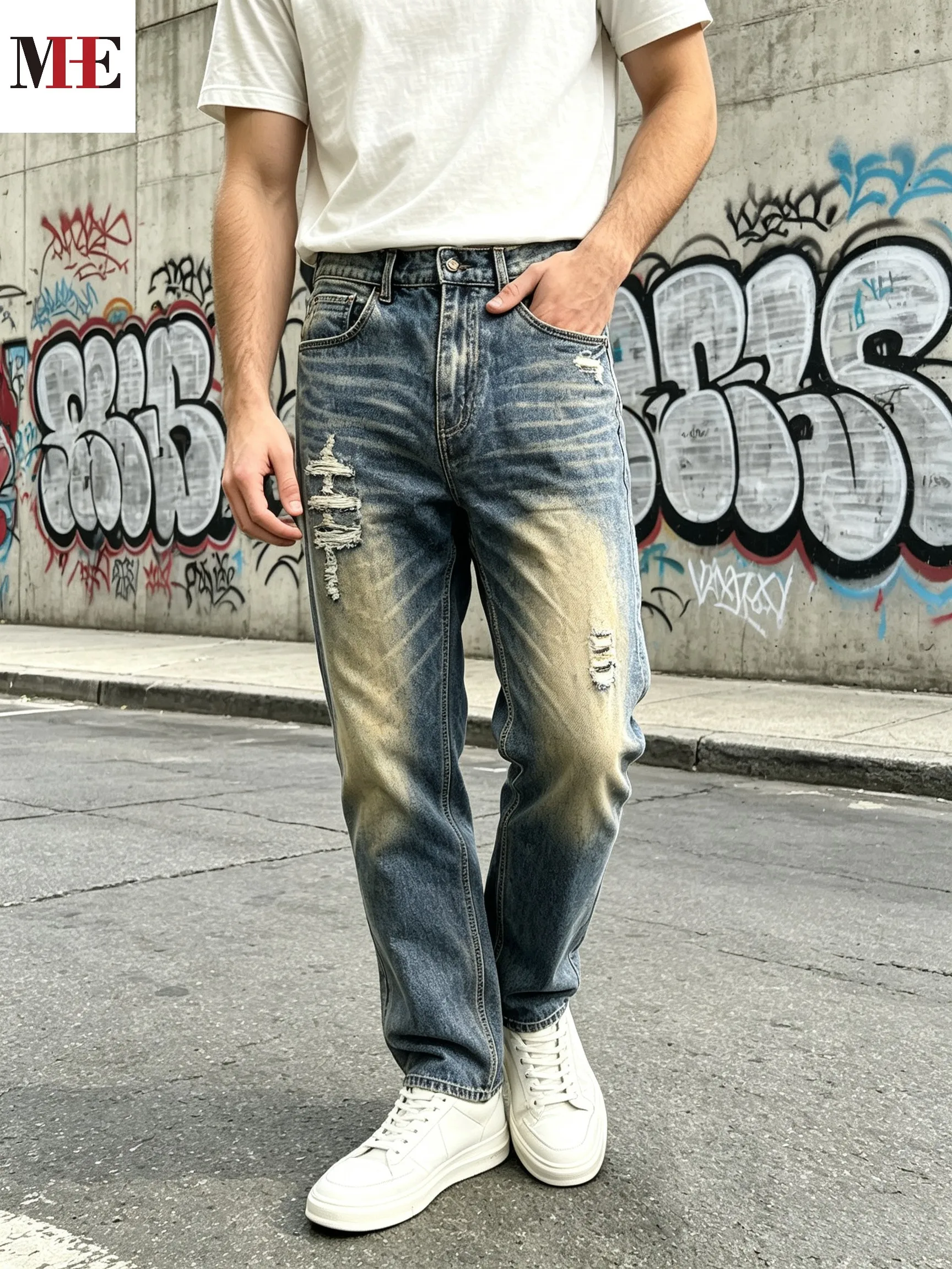 【HME】Men's Jeans | Straight‑Leg Denim Pants With Back Elastic Waist, Men Distressed Ripped Denim Jeans, Vintage Washed Patch Denim Trousers, Classic Five‑Pocket Structure, Comfort Fit Casual Denim Bottoms For Men Street Daily Look
