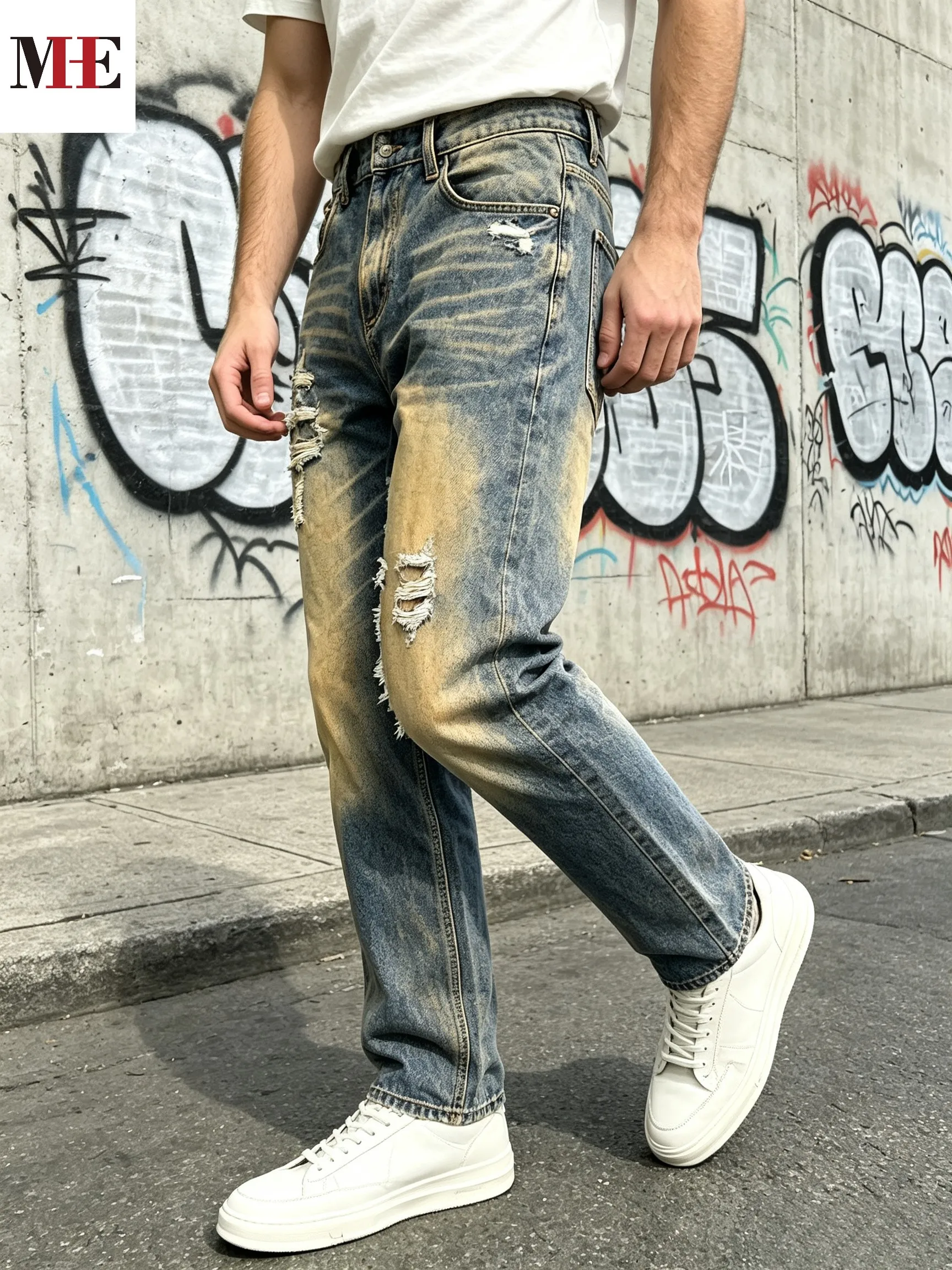 【HME】Men's Jeans | Straight‑Leg Denim Pants With Back Elastic Waist, Men Distressed Ripped Denim Jeans, Vintage Washed Patch Denim Trousers, Classic Five‑Pocket Structure, Comfort Fit Casual Denim Bottoms For Men Street Daily Look