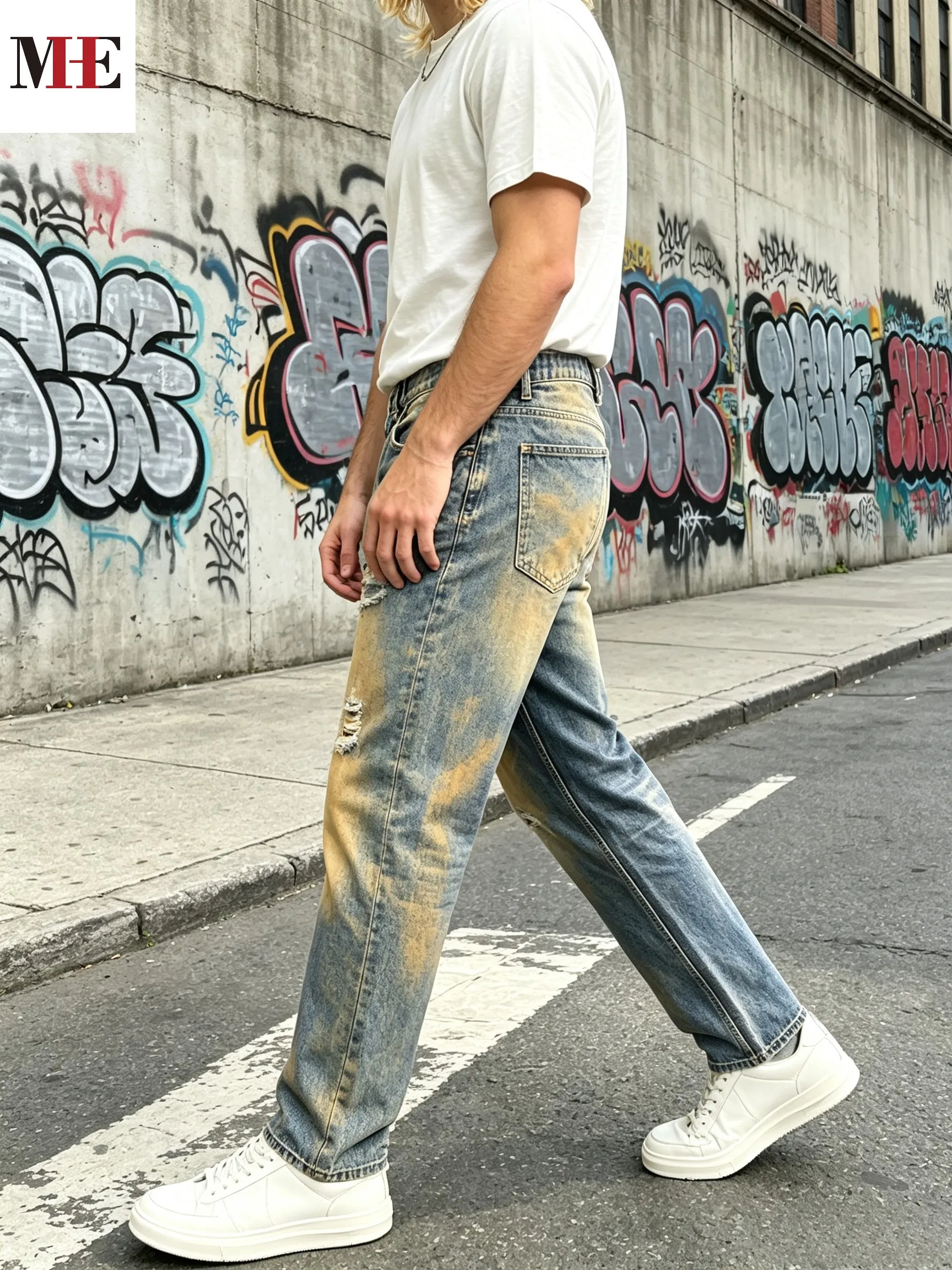 【HME】Men's Jeans | Straight‑Leg Denim Pants With Back Elastic Waist, Men Distressed Ripped Denim Jeans, Vintage Washed Patch Denim Trousers, Classic Five‑Pocket Structure, Comfort Fit Casual Denim Bottoms For Men Street Daily Look