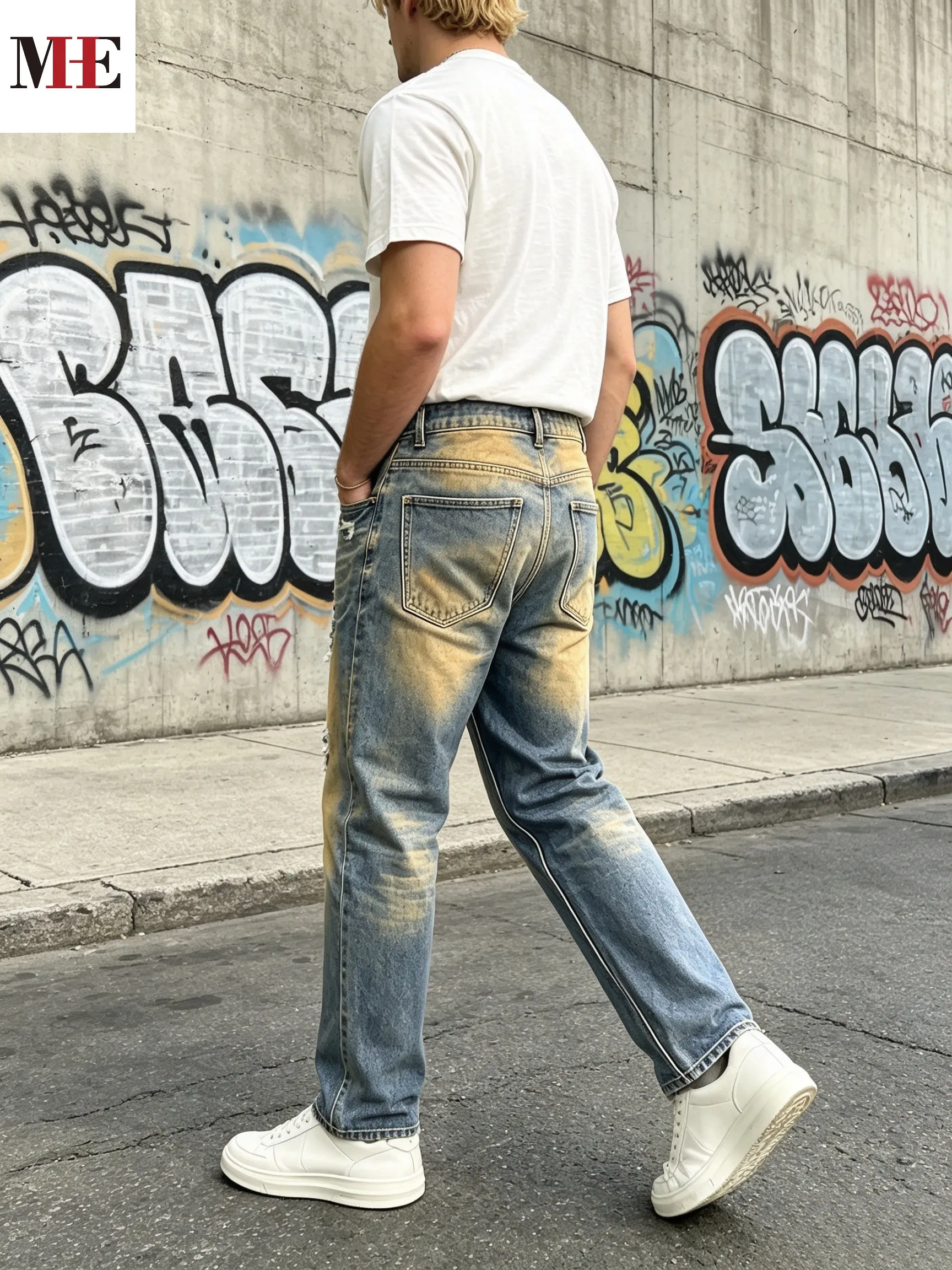 【HME】Men's Jeans | Straight‑Leg Denim Pants With Back Elastic Waist, Men Distressed Ripped Denim Jeans, Vintage Washed Patch Denim Trousers, Classic Five‑Pocket Structure, Comfort Fit Casual Denim Bottoms For Men Street Daily Look