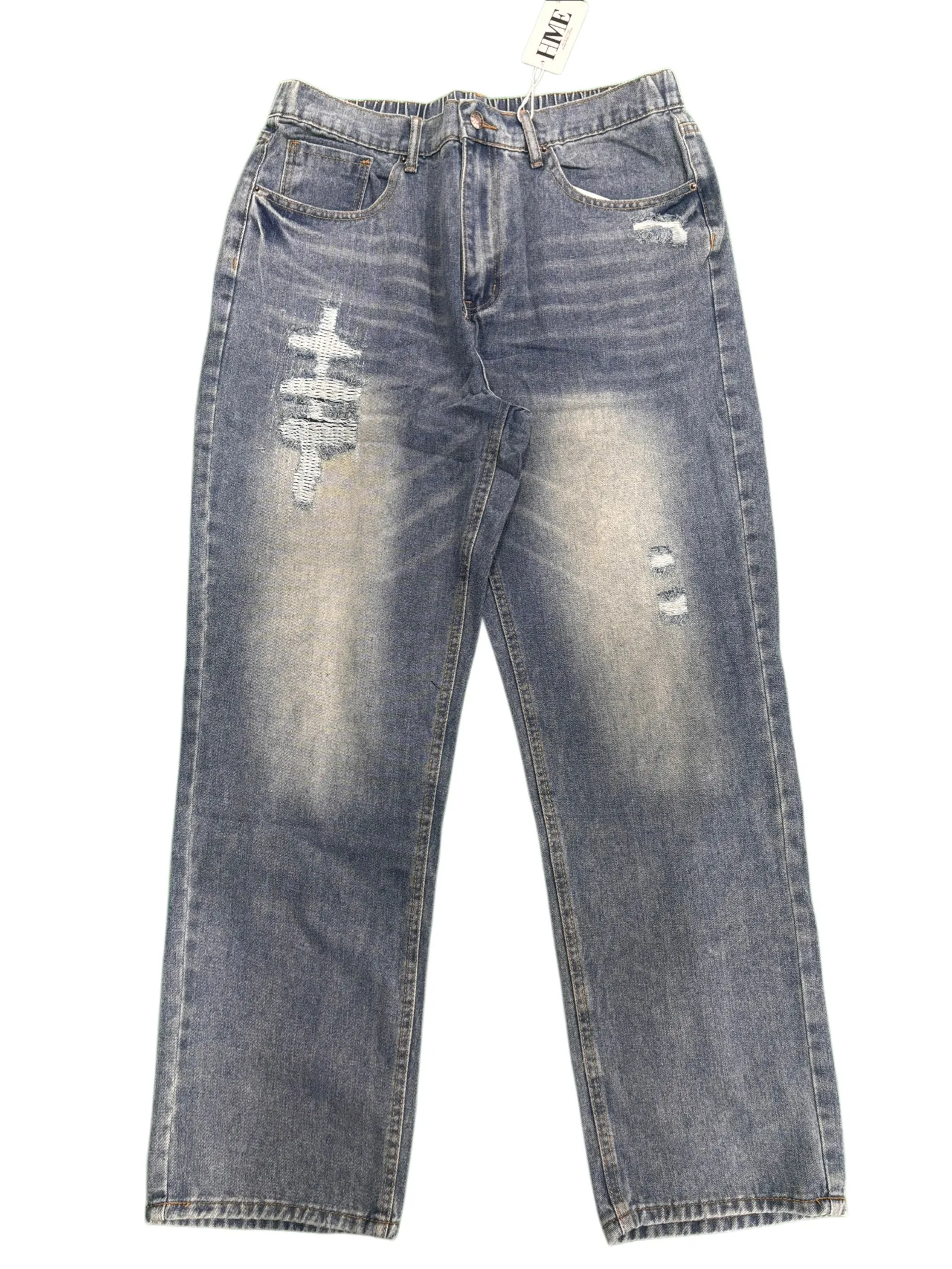 【HME】Men's Jeans | Straight‑Leg Denim Pants With Back Elastic Waist, Men Distressed Ripped Denim Jeans, Vintage Washed Patch Denim Trousers, Classic Five‑Pocket Structure, Comfort Fit Casual Denim Bottoms For Men Street Daily Look