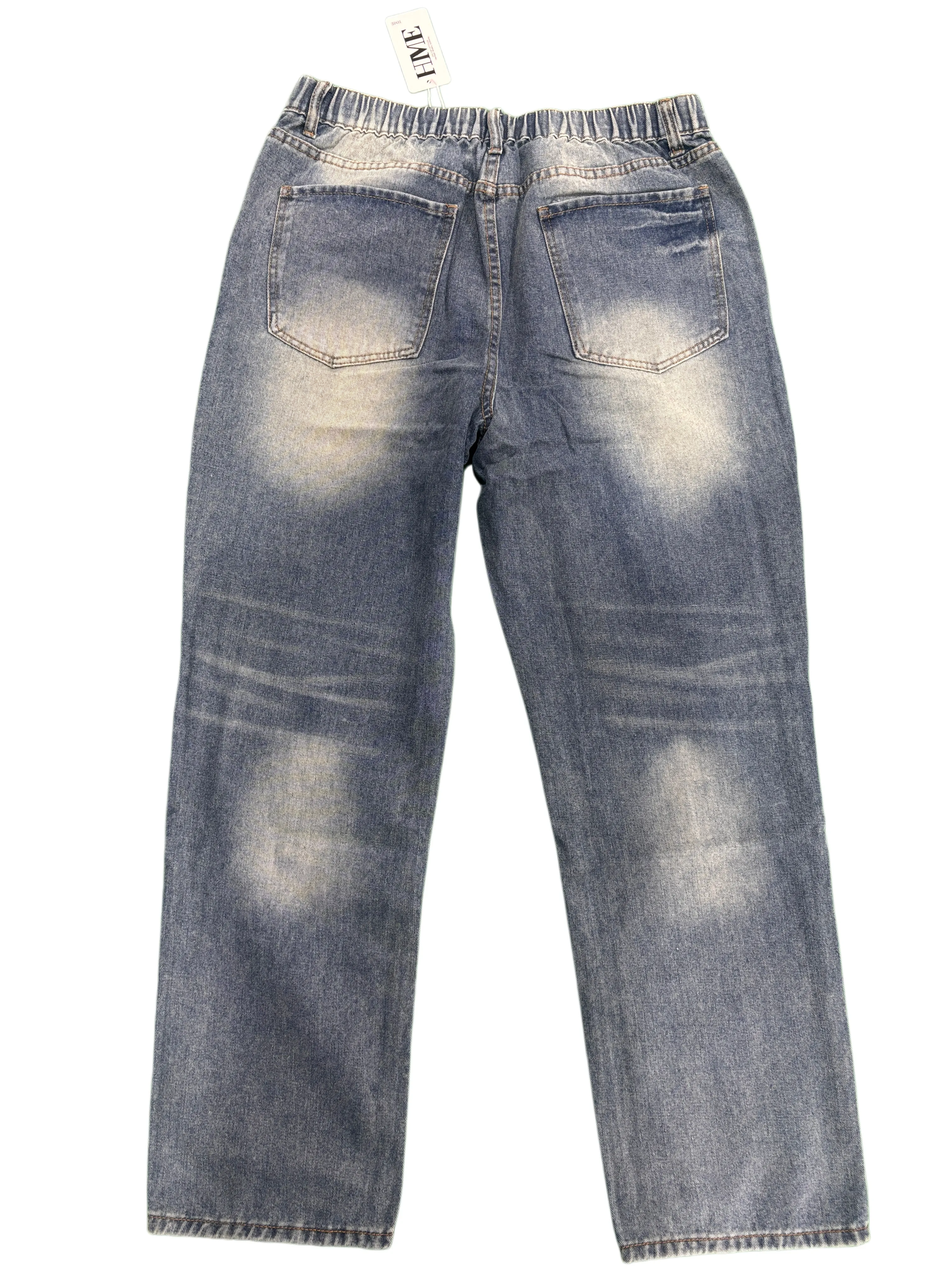 【HME】Men's Jeans | Straight‑Leg Denim Pants With Back Elastic Waist, Men Distressed Ripped Denim Jeans, Vintage Washed Patch Denim Trousers, Classic Five‑Pocket Structure, Comfort Fit Casual Denim Bottoms For Men Street Daily Look