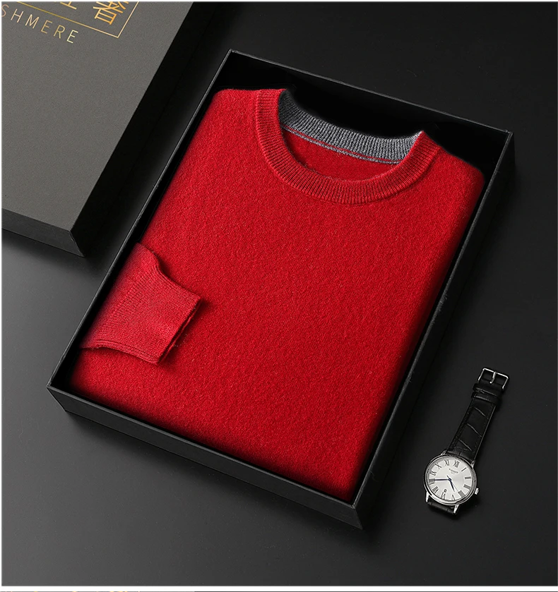Autumn Winter Men's 100% Merino Wool Soft Sweater Contrasting Colors Round Neck Pullover Loose Long Sleeve Jumper Cashmere Top