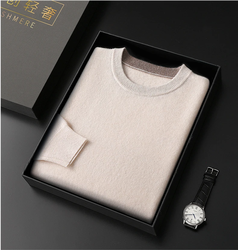 Autumn Winter Men's 100% Merino Wool Soft Sweater Contrasting Colors Round Neck Pullover Loose Long Sleeve Jumper Cashmere Top