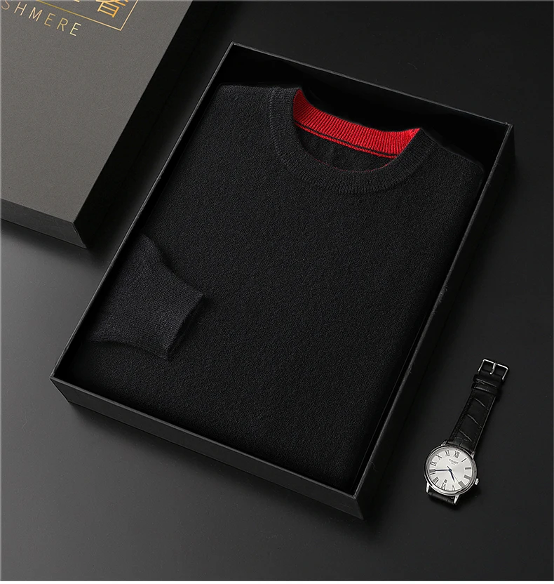 Autumn Winter Men's 100% Merino Wool Soft Sweater Contrasting Colors Round Neck Pullover Loose Long Sleeve Jumper Cashmere Top