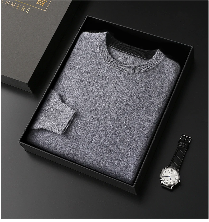 Autumn Winter Men's 100% Merino Wool Soft Sweater Contrasting Colors Round Neck Pullover Loose Long Sleeve Jumper Cashmere Top
