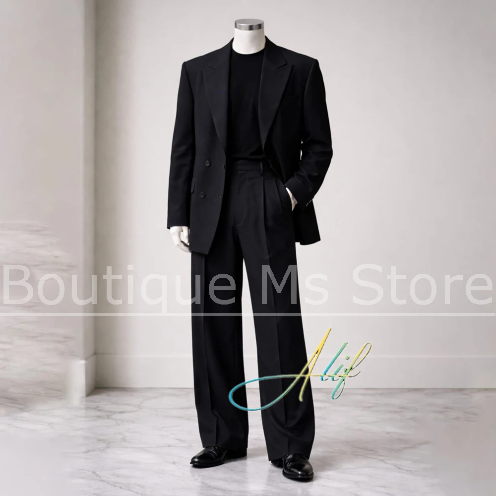 Chic Men's Black Suit Oversized Peak Lapel Double Breasted Outfit Casual Formal Business Wedding Party Prom Tuxedo 2 Piece