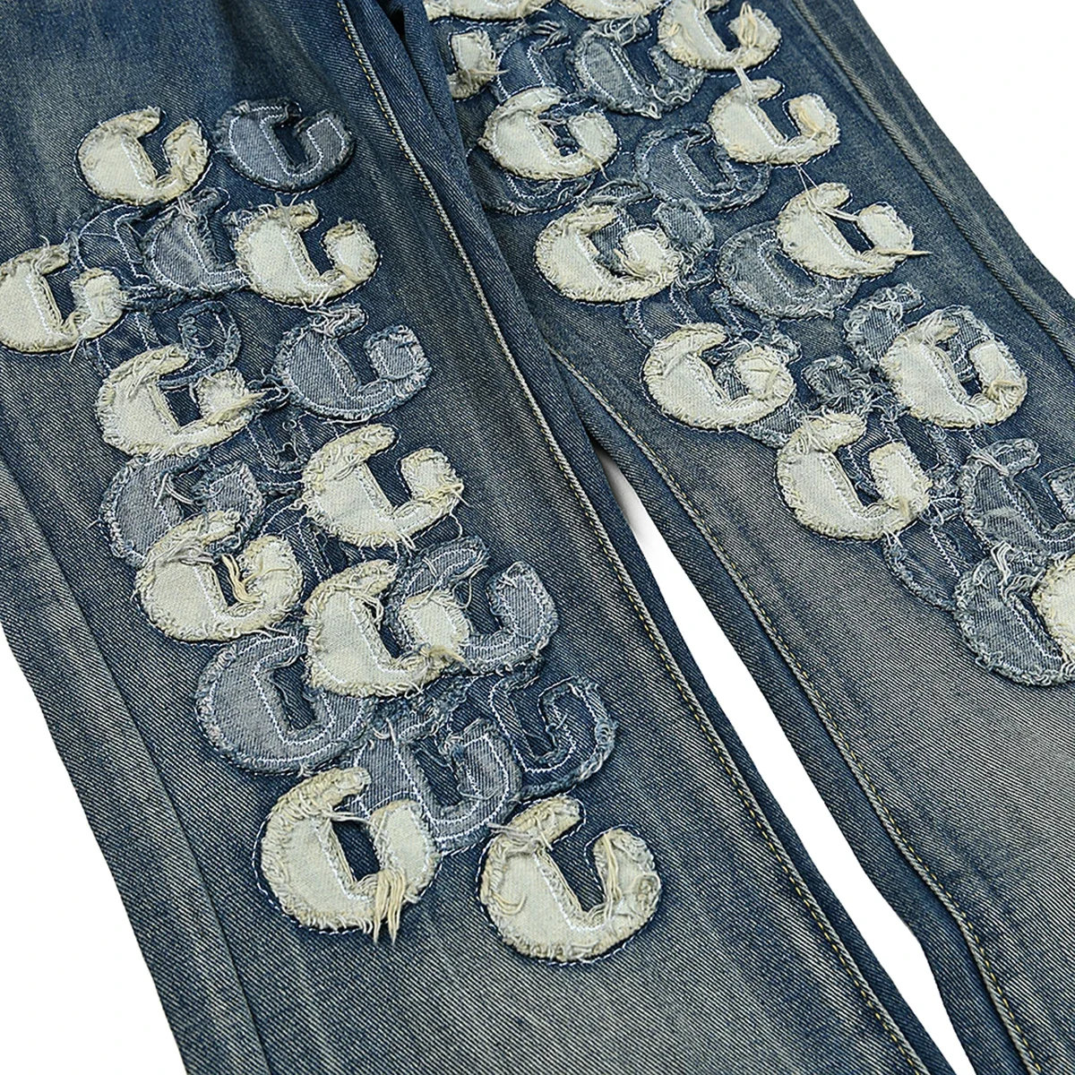 High Street Letter Embroidery Washed Blue Baggy Jeans for Men Straight Vintage Loose Casual Denim Pants Oversized Ropa Hombre