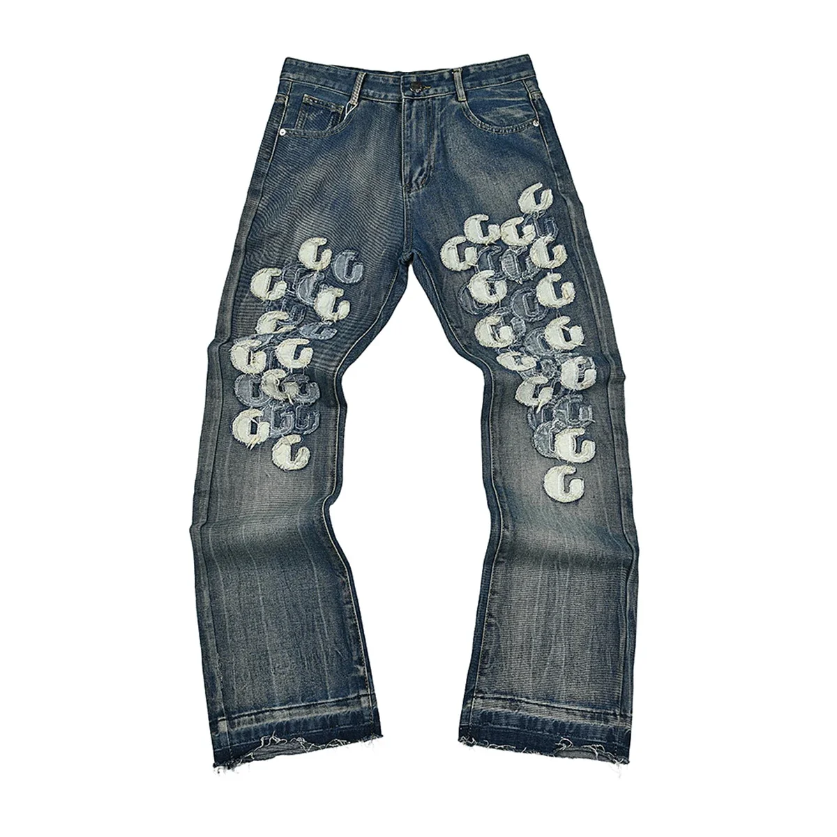 High Street Letter Embroidery Washed Blue Baggy Jeans for Men Straight Vintage Loose Casual Denim Pants Oversized Ropa Hombre