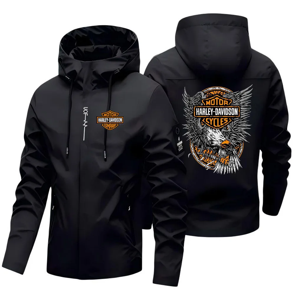New Harley Davidson Autumn Man Motorcycle Hooded Jacket Outdoors Hiking Windbreaker Jacket Leisure Fashion Printed Zipper Coat