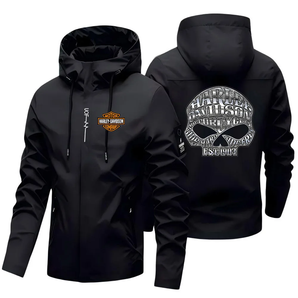 New Harley Davidson Autumn Man Motorcycle Hooded Jacket Outdoors Hiking Windbreaker Jacket Leisure Fashion Printed Zipper Coat