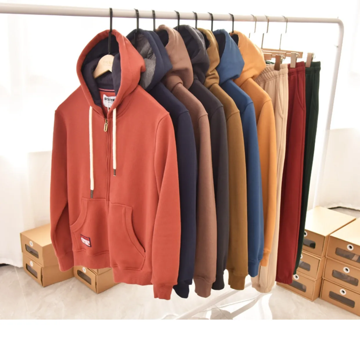 Spring Winter New American Heavyweight Knitted Cardigan Hoodies Men's Fashion Long Sleeve Hooded Thick Velvet Casual Sweatshirts