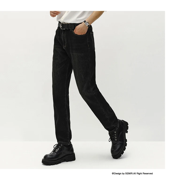 Semir Men Jeans Fleece Lined Stretch Skinny Fit Whisker Wash 2026 Vintage Commuter Warm Slim Urban Casual Denim Trousers