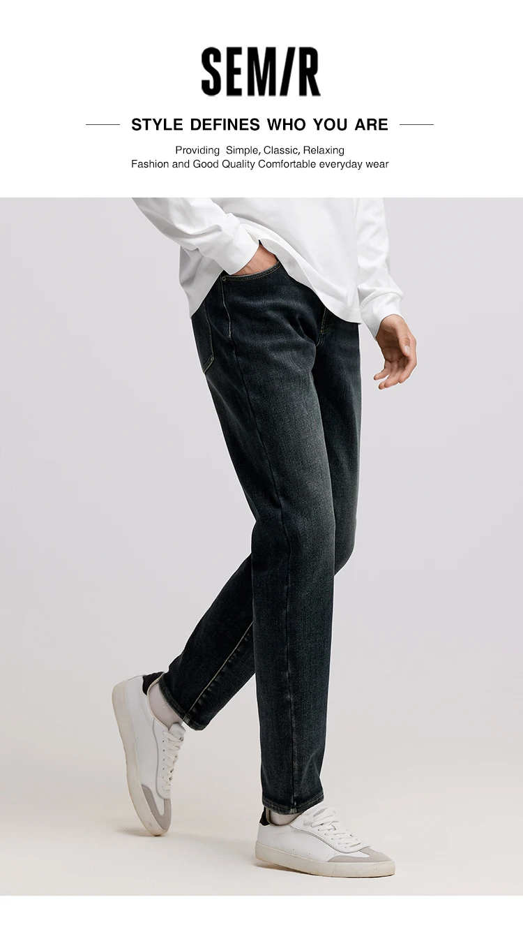 Semir Men Jeans Fleece Lined Stretch Skinny Fit Whisker Wash 2026 Vintage Commuter Warm Slim Urban Casual Denim Trousers