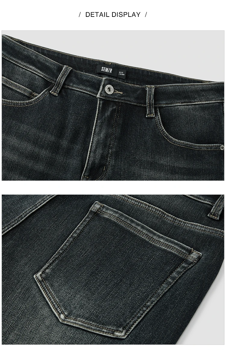Semir Men Jeans Fleece Lined Stretch Skinny Fit Whisker Wash 2026 Vintage Commuter Warm Slim Urban Casual Denim Trousers