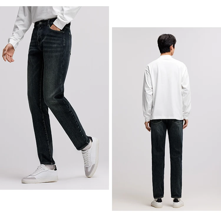 Semir Men Jeans Fleece Lined Stretch Skinny Fit Whisker Wash 2026 Vintage Commuter Warm Slim Urban Casual Denim Trousers