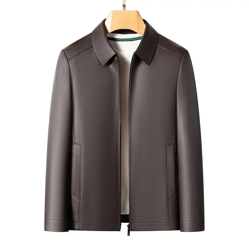 Spring and Autumn's New Haining Casual Leather Jacket, Men's Lapel Leather Jacket, High-End Large-Sized Goatskin Coat