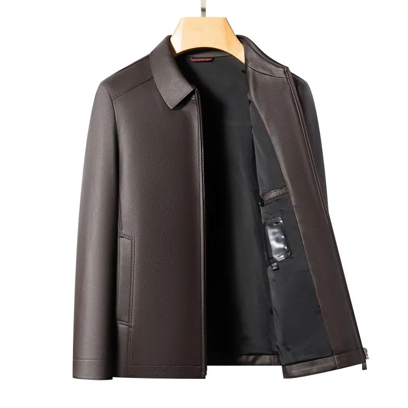 Spring and Autumn's New Haining Casual Leather Jacket, Men's Lapel Leather Jacket, High-End Large-Sized Goatskin Coat